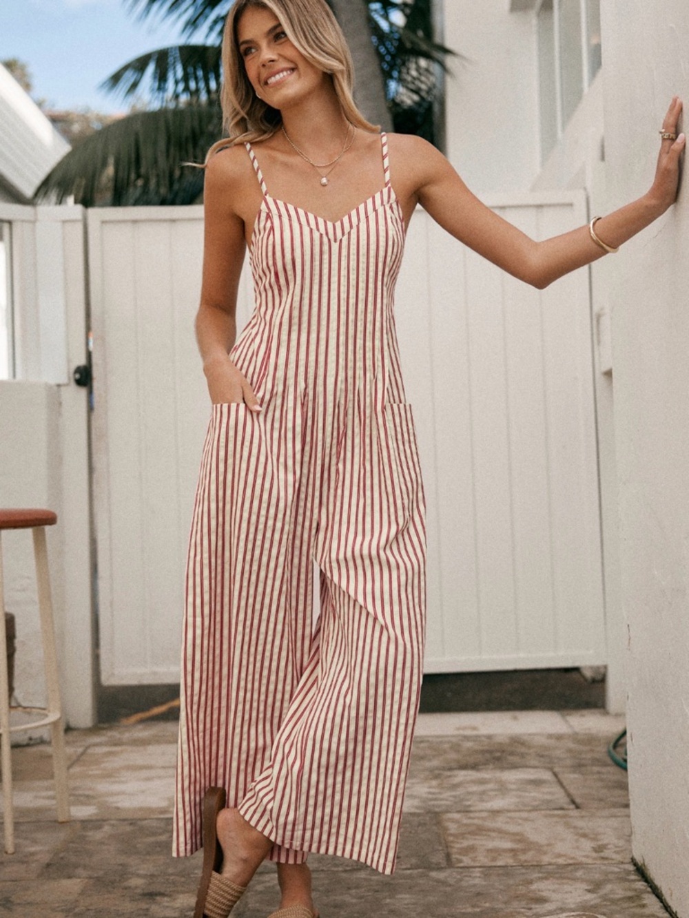 Cupshe Red and Cream Striped Spaghetti‑Strap Wide‑Leg Jumpsuit